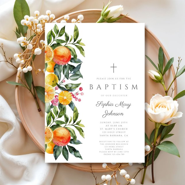 Elegant Botaniska Citrus Religiösa Girl Baptism Inbjudningar (Elegant Botanical Citrus Religious Girl Baptism Invitation)