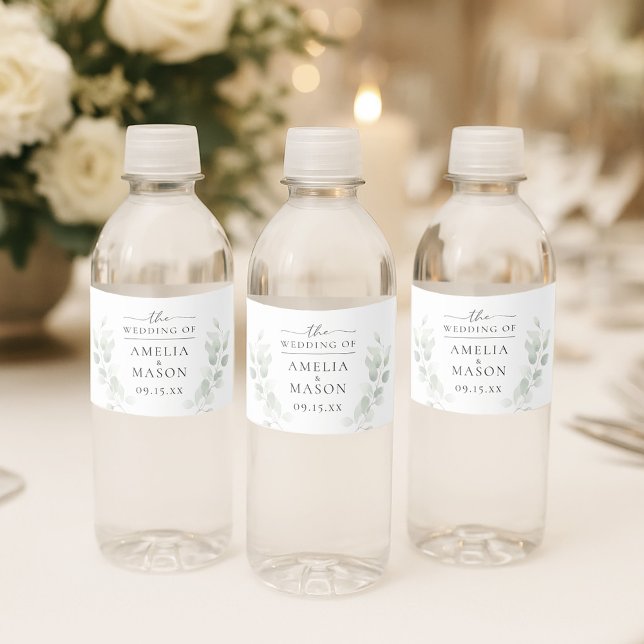 Elegant Botaniska eukalyptus Bröllop Vattenflaskor Etikett (Elegant Botanical Eucalyptus Wedding Water Bottle Label)