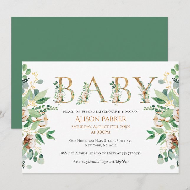 Elegant Botaniska eukalyptus Guld Baby Shower Inbjudningar (Fram/baksida)