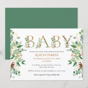Elegant Botaniska eukalyptus Guld Baby Shower Inbjudningar