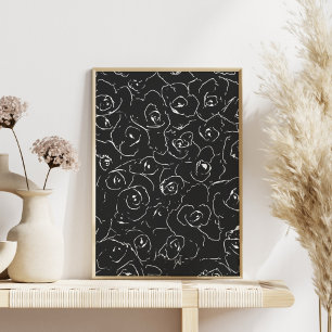 Elegant Botaniska linjen Teckning Mönster Svartvit Poster