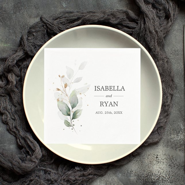 Elegant Botaniska Löv Guld Grönt Bröllop Pappersservett (Skapare uppladdad)