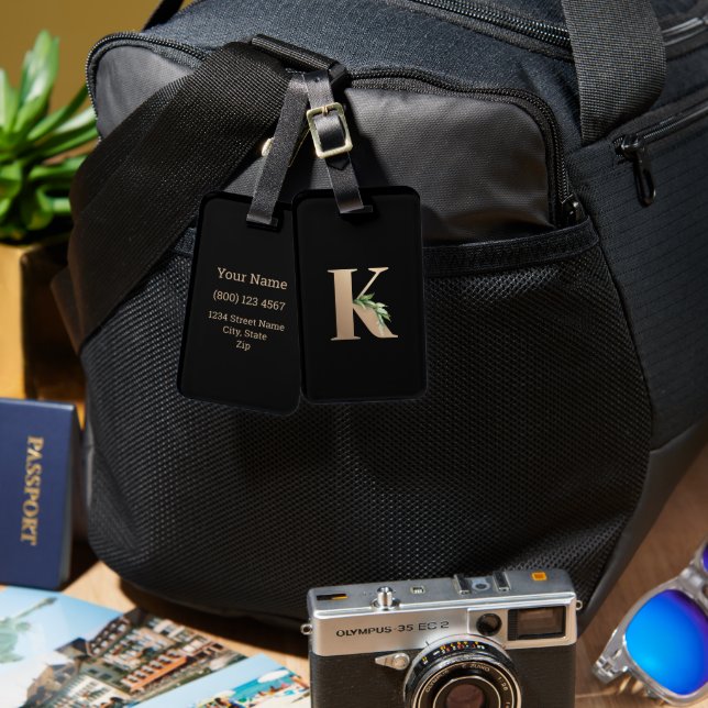 Elegant Botaniska Monogram Guld Brev K Bagagebricka (Fram & Baksida)