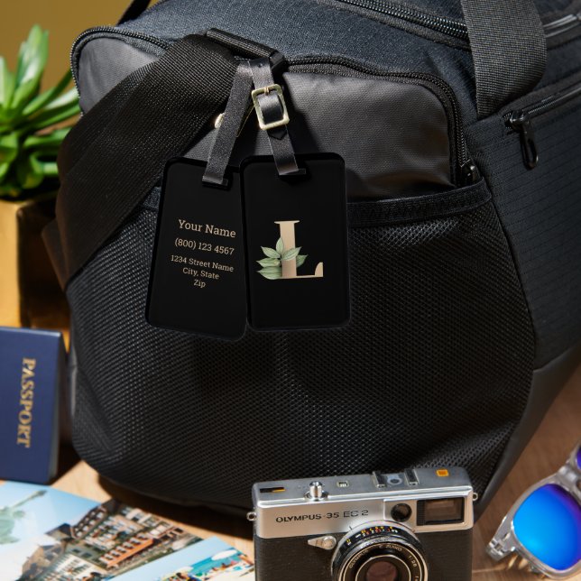 Elegant Botaniska Monogram Guld Brev L Bagagebricka (Fram & Baksida)