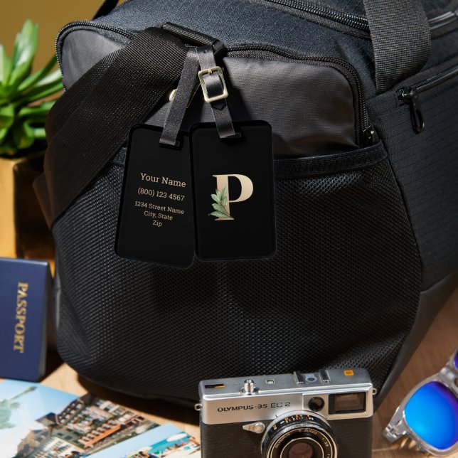 Elegant Botaniska Monogram Guld Brev P Bagagebricka (Fram & Baksida)