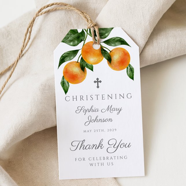 Elegant Botaniska Orangar Christening Presentetikett (Elegant Botanical Oranges Christening Gift Tags)