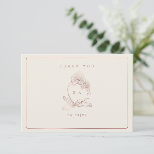 Elegant Botaniska Orchid Monogram Bröllop Tack Kort (Stående Fram)