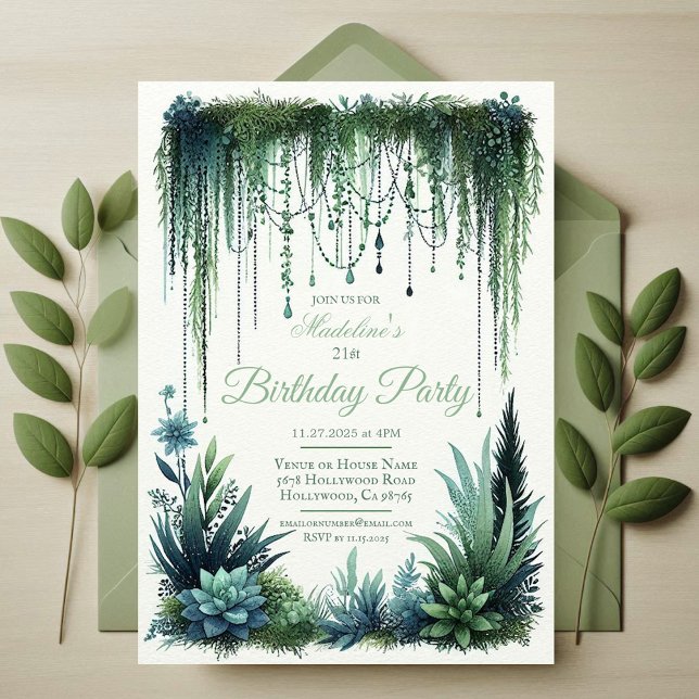 Elegant Botaniska trädgårdsmästare Födelsedagsfest Inbjudningar (Elegant Garden Forest Birthday Party Invitation | Elegant Enchanting Magical Plant Invite)