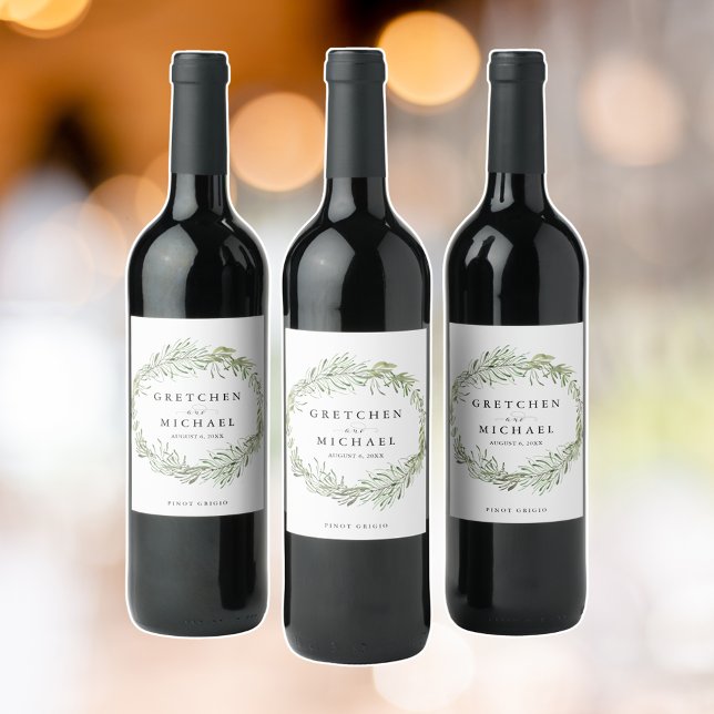 Elegant Botaniskt andningsasbröllop till förmån fö Vinflaska Etikett (Elegant Botanical Wreath Wedding Favor Wine Label)