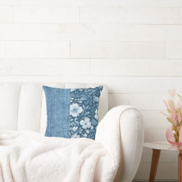 Elegant Botaniskt blåfaux Denim Titta halv N Kudde
