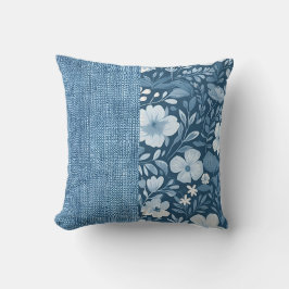 Elegant Botaniskt blåfaux Denim Titta halv N Kudde