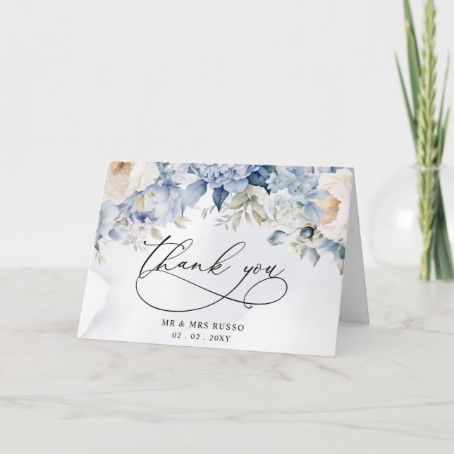 Elegant Botaniskt blått Blommigt Bröllop Tack Kort (Framsida)