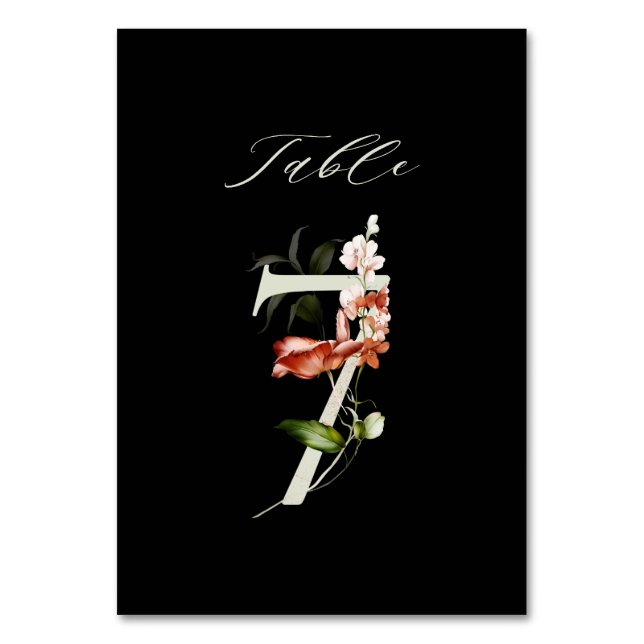 Elegant Botaniskt Blommigt nummer 7, svart Bordsnummer (Framsidan)