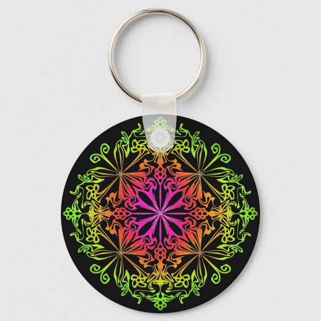 Elegant botaniskt boho-färgat mandala nyckelring (Framsida)