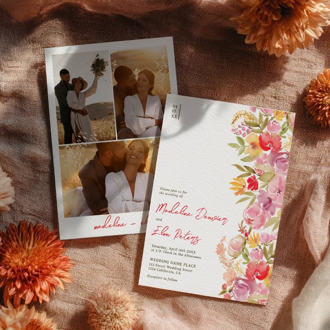 Elegant botaniskt boho wildblommor 3 bild bröllop inbjudningar (Elegant botanical boho wildflowers 3 photo wedding invitation)