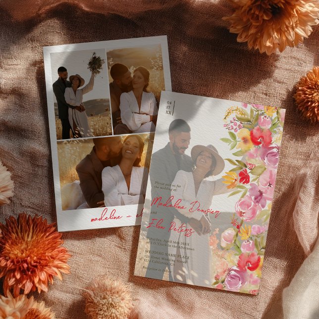 Elegant botaniskt boho wildblommor 4 foto bröllop inbjudningar (Elegant botanical boho wildflowers 4 photo wedding invitation)