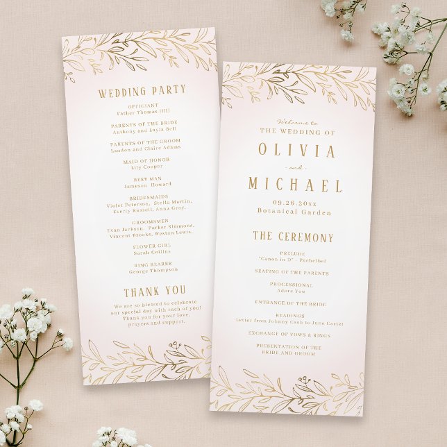 Elegant  botaniskt bröllopsprogram guld meny (Elegant blush gold botanical wedding program)