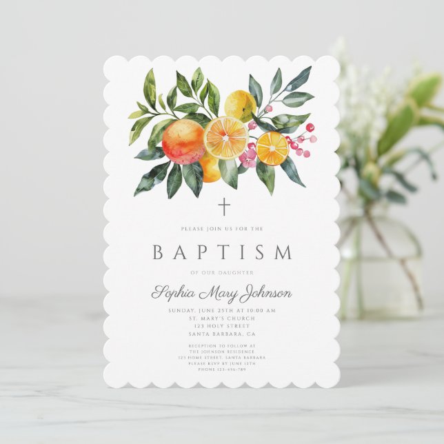 Elegant Botaniskt citrus Kor Girl Baptism Inbjudningar (Stående Fram)