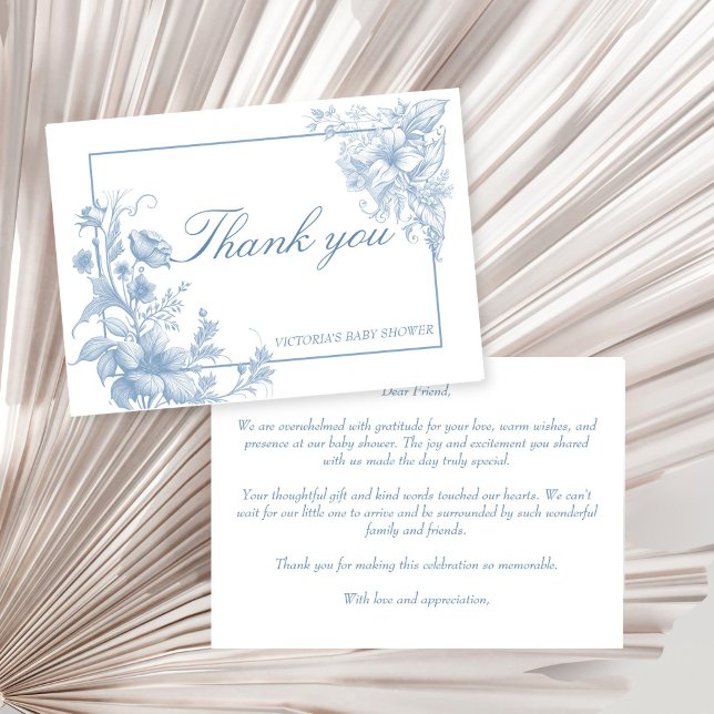 Elegant botaniskt dammigt blått babydusch tack kort (Elegant French toile botanical dusty blue baby shower thank you card boy baby shower thank you cards)