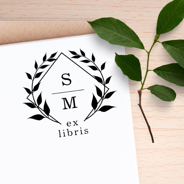 Elegant Botaniskt ex Libris Monogram Bibliotek Bok Självfärgande Stämpel (Skapare uppladdad)