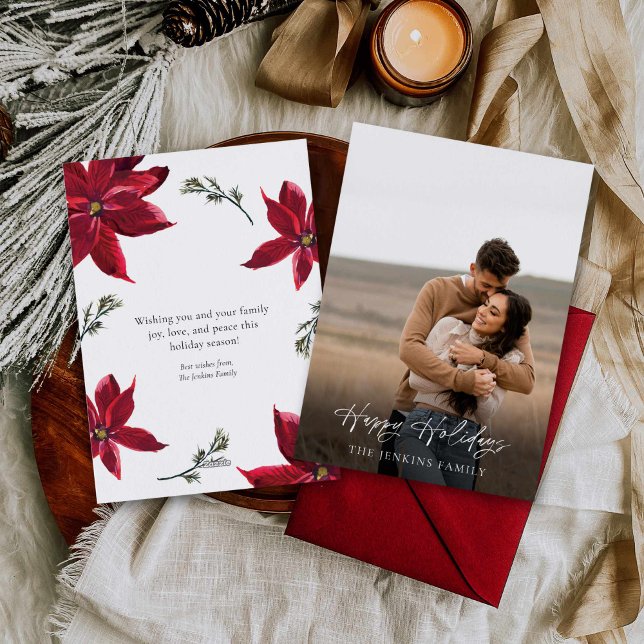 Elegant Botaniskt foto Julkort (Elegant Poinsettia Photo Holiday Card)