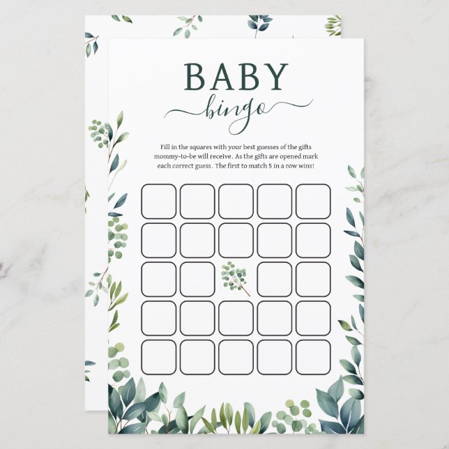 Elegant botaniskt grey Baby Shower Bingo Game (Fram/baksida)