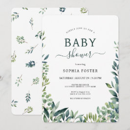 Elegant botaniskt grey lövs Baby Shower Inbjudningar
