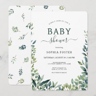 Elegant botaniskt grey lövs Baby Shower Inbjudningar