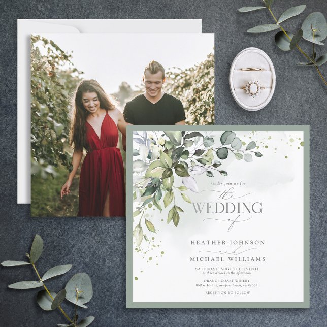 Elegant Botaniskt grönt Blommigt Vattenfärgfoto Inbjudningar (Skapare uppladdad)