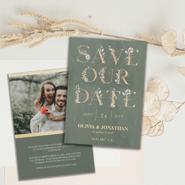 Elegant Botaniskt Grönt Guld Spara datum Inbjudningar (Save Our Date Sage Green Botanical Wedding Invite)