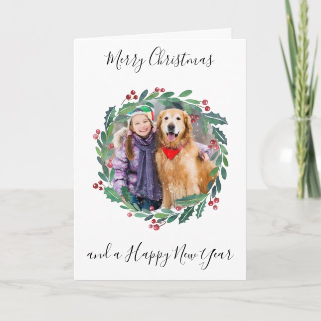 Elegant Botaniskt grönt julfoto Helgkort (Framsida)