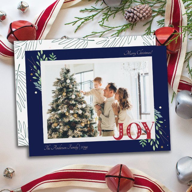 Elegant Botaniskt Julafton Joy Family Photo Hälsni Julkort (Elegant Botanical Xmas Joy Family Photo Greeting Holiday Card)