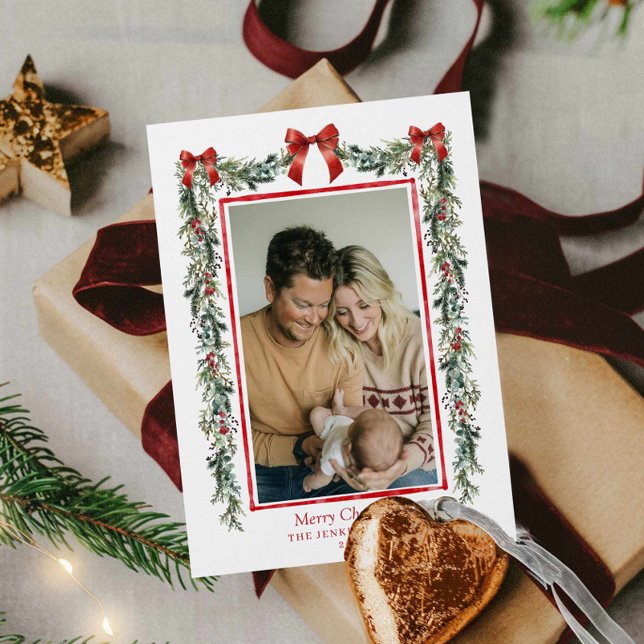 Elegant Botaniskt julfotkort Kort (Elegant Botanical Merry Christmas photo card)