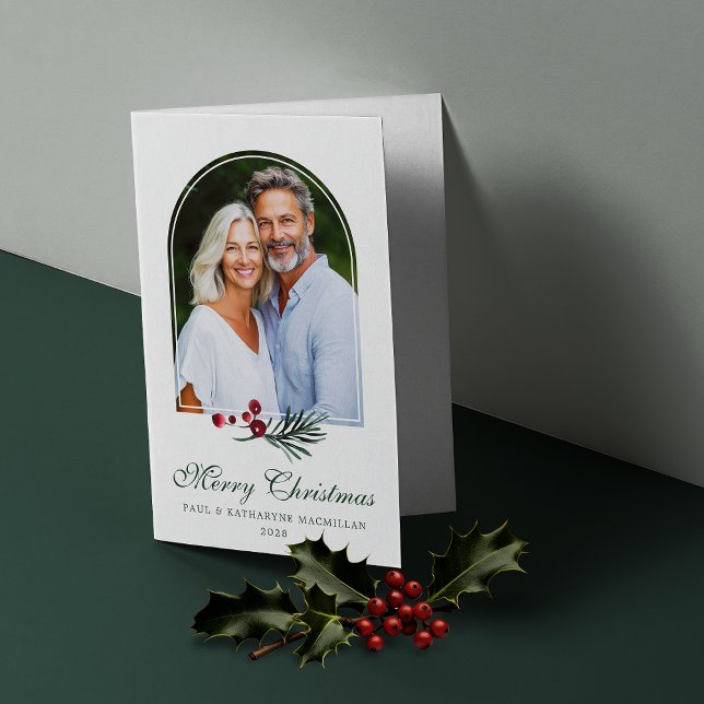 Elegant Botaniskt julfoto Gräs Berry Helgkort (Elegant Botanical Pine Berry Christmas Photo Folded Holiday Card)