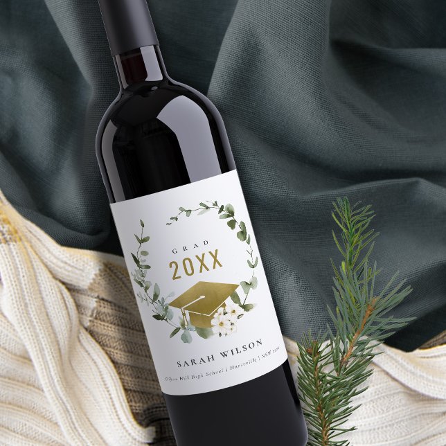 Elegant Botaniskt läderfrö Guld Studenten Vinflaska Etikett (Skapare uppladdad)