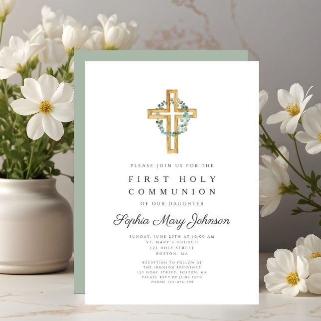 Elegant Botaniskt Löv Kor Första kommissionen Inbjudningar (Elegant Botanical Leaves Cross First Communion Invitation)