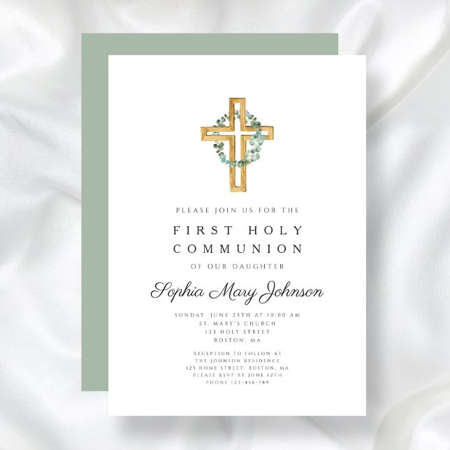 Elegant Botaniskt Löv Kor Första kommissionen Inbjudningar (Elegant Botanical Leaves Cross First Communion Invitation)