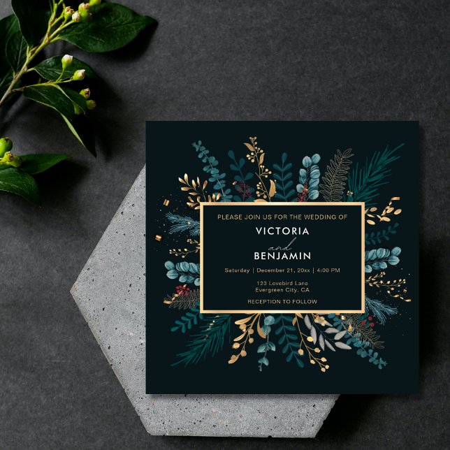 Elegant Botaniskt Modern jul Helgdag Bröllop Inbjudningar (Elegant Botanical Modern Christmas Holiday Wedding Invitation)
