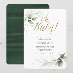 Elegant, botaniskt, modernt, grönt, babyskor inbjudningar