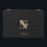 Elegant Botaniskt monogram Brev N iPad Mini Skydd<br><div class="desc">Elegantens svarta iPad-fodral har ett botaniskt monogram i guld i mitten.</div>