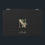 Elegant Botaniskt monogram Brev N iPad Mini Skydd<br><div class="desc">Elegantens svarta iPad-fodral har ett botaniskt monogram i guld i mitten.</div>