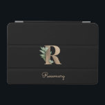 Elegant Botaniskt monogram Brev R iPad Mini Skydd<br><div class="desc">Elegantens svarta iPad-fodral har ett botaniskt monogram i guld i mitten.</div>