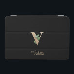 Elegant Botaniskt monogram Brev V iPad Mini Skydd<br><div class="desc">Elegantens svarta iPad-fodral har ett botaniskt monogram i guld i mitten.</div>