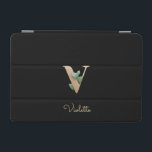 Elegant Botaniskt monogram Brev V iPad Mini Skydd<br><div class="desc">Elegantens svarta iPad-fodral har ett botaniskt monogram i guld i mitten.</div>
