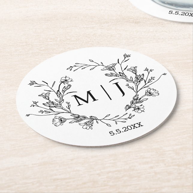 elegant botaniskt monogram bröllop enkelt underlägg papper rund (Vinklad)
