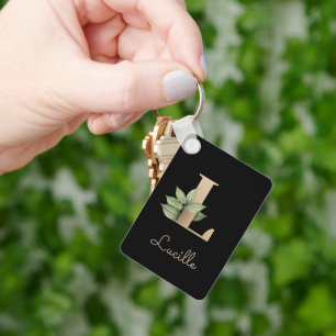 Elegant Botaniskt monogram Guld Brev L-nyckelkedja Nyckelring