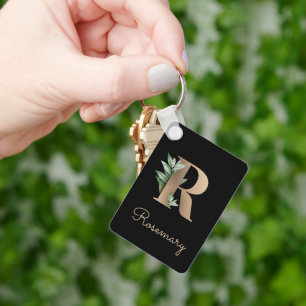 Elegant Botaniskt monogram Guld Brev R-nyckelkedja Nyckelring