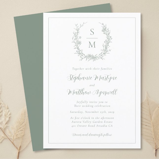 Elegant Botaniskt monogram Sage Grönt Bröllop Inbjudningar (Skapare uppladdad)
