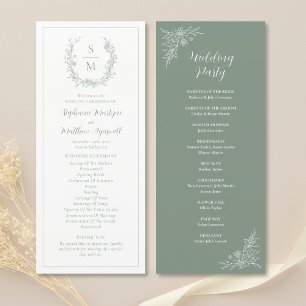 Elegant Botaniskt monogram Sage Grönt Bröllop Program