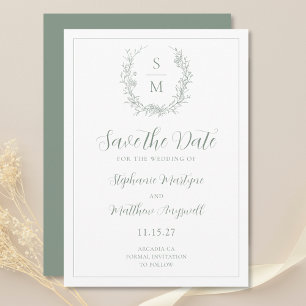 Elegant Botaniskt monogram Sage Grönt Bröllop Spara Datumet